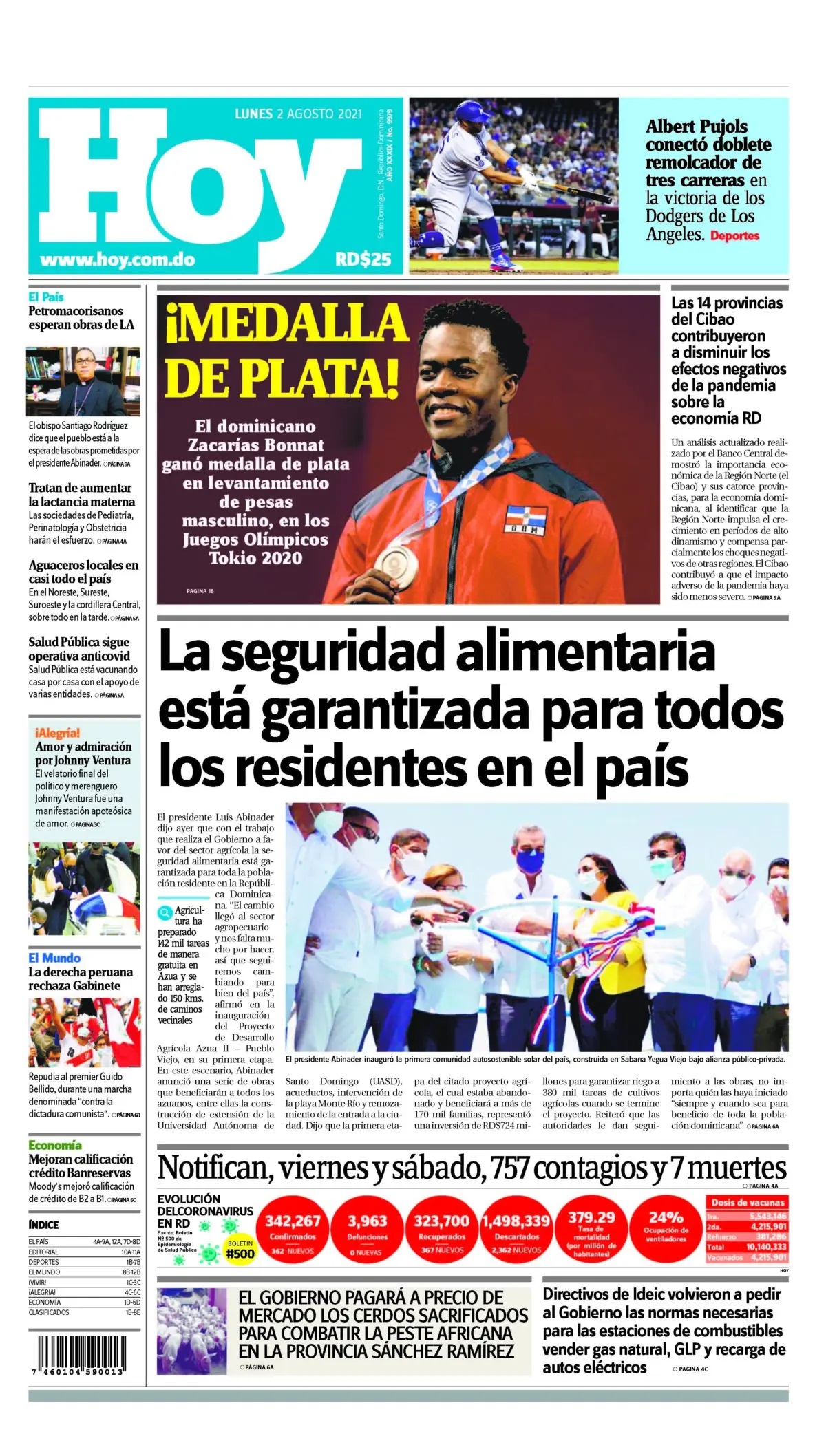 Portada Periódico Hoy, Lunes 02 Agosto, 2021