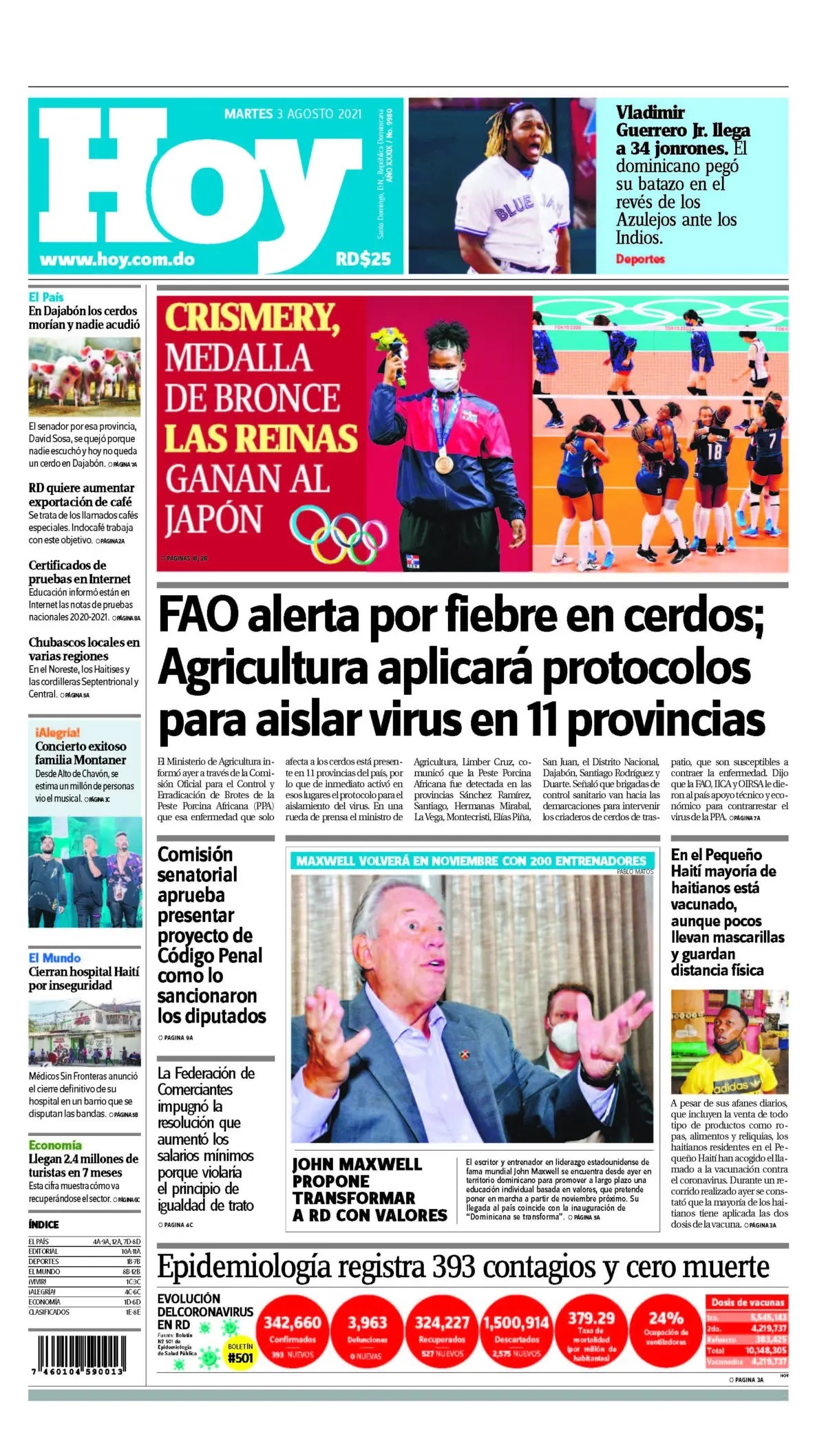 Portada Periódico Hoy, Martes 03 Agosto, 2021