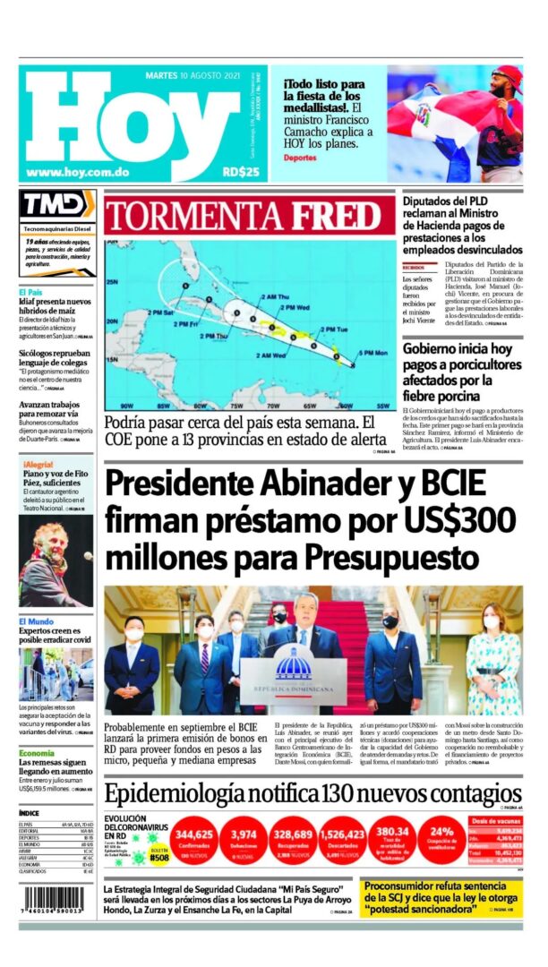 Portada Periódico Hoy, Martes 10 Agosto, 2021