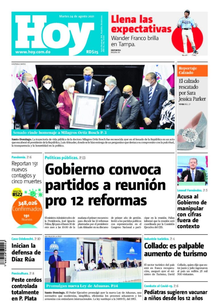 Portada Periódico Hoy, Martes 24 Agosto, 2021