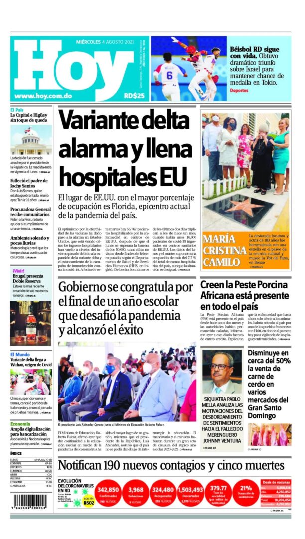 Portada Periódico Hoy, Miércoles 04 Agosto, 2021