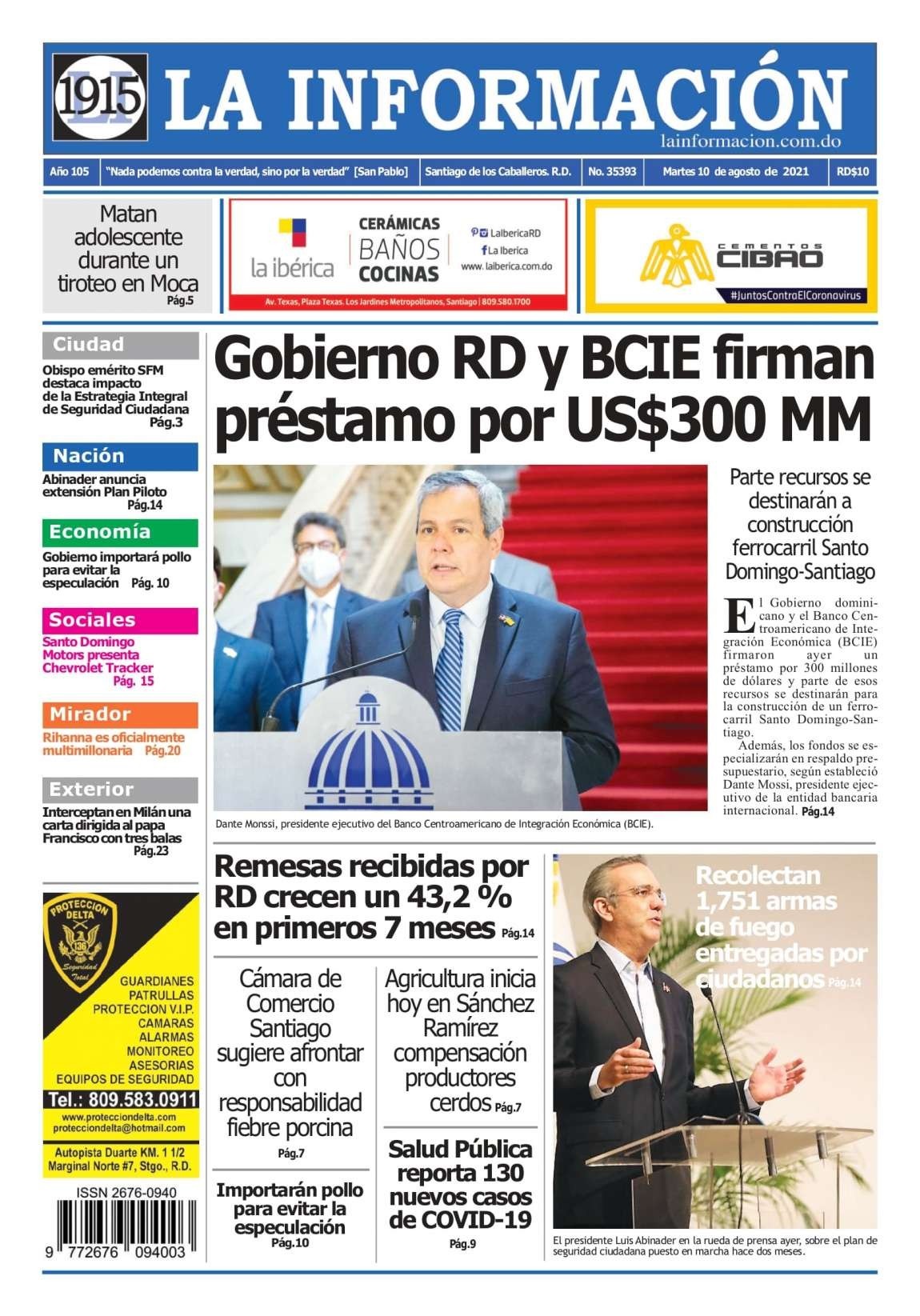Portada Periódico La Información, Martes 10 Agosto, 2021