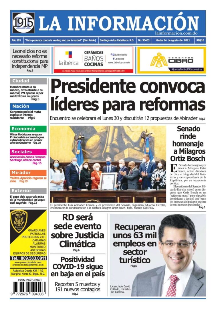 Portada Periódico La Información, Martes 24 Agosto, 2021