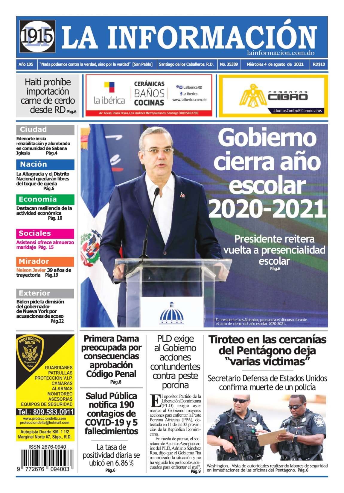 Portada Periódico La Información, Miércoles 04 Agosto, 2021