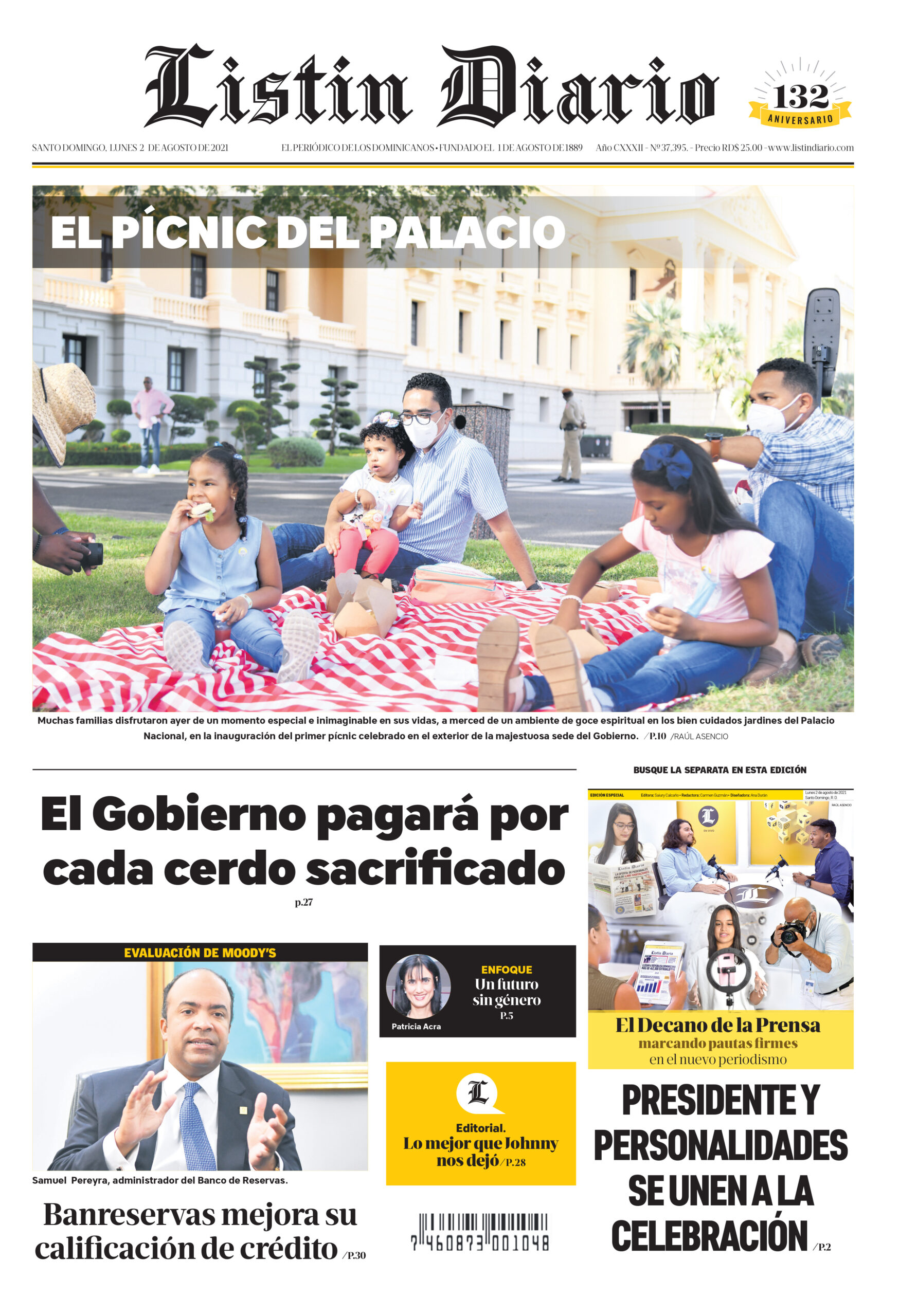 Portada Periódico Listín Diario, Lunes 02 Agosto, 2021