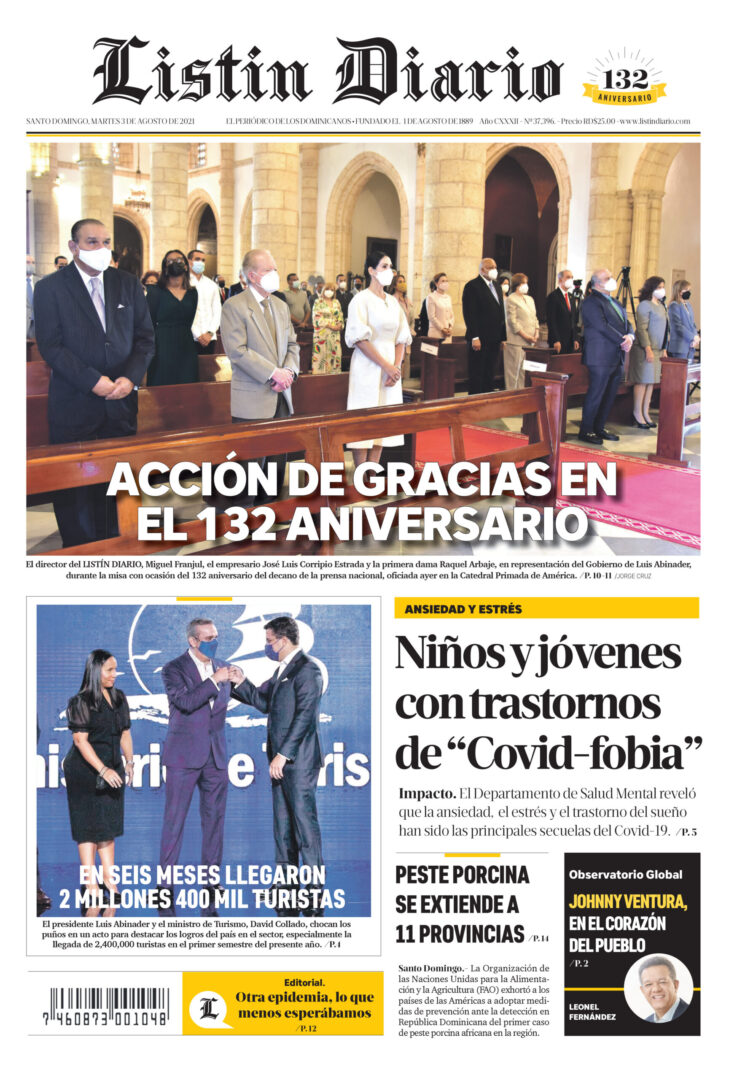 Portada Periódico Listín Diario, Martes 03 Agosto, 2021