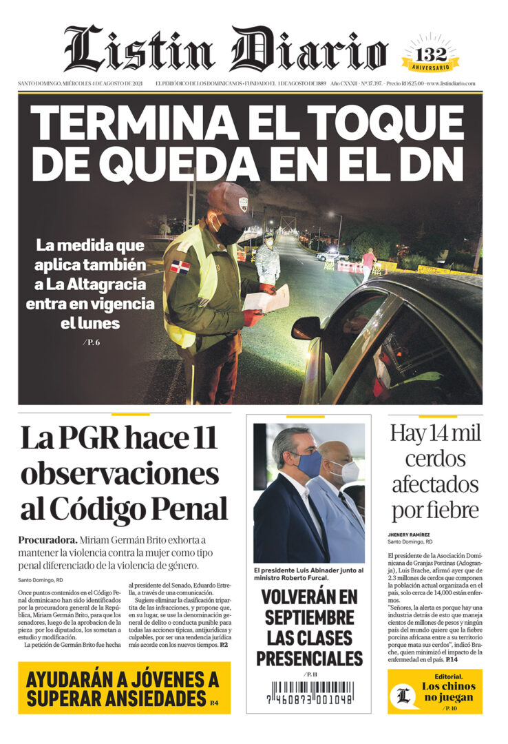 Portada Periódico Listín Diario, Miércoles 04 Agosto, 2021