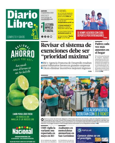 Portada Periódico Diario Libre, Jueves 02 Septiembre, 2021
