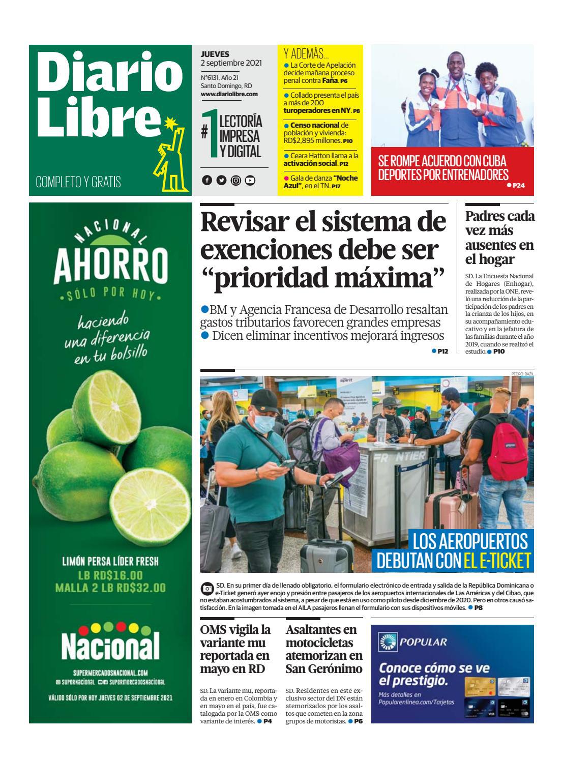 Portada Periódico Diario Libre, Jueves 02 Septiembre, 2021