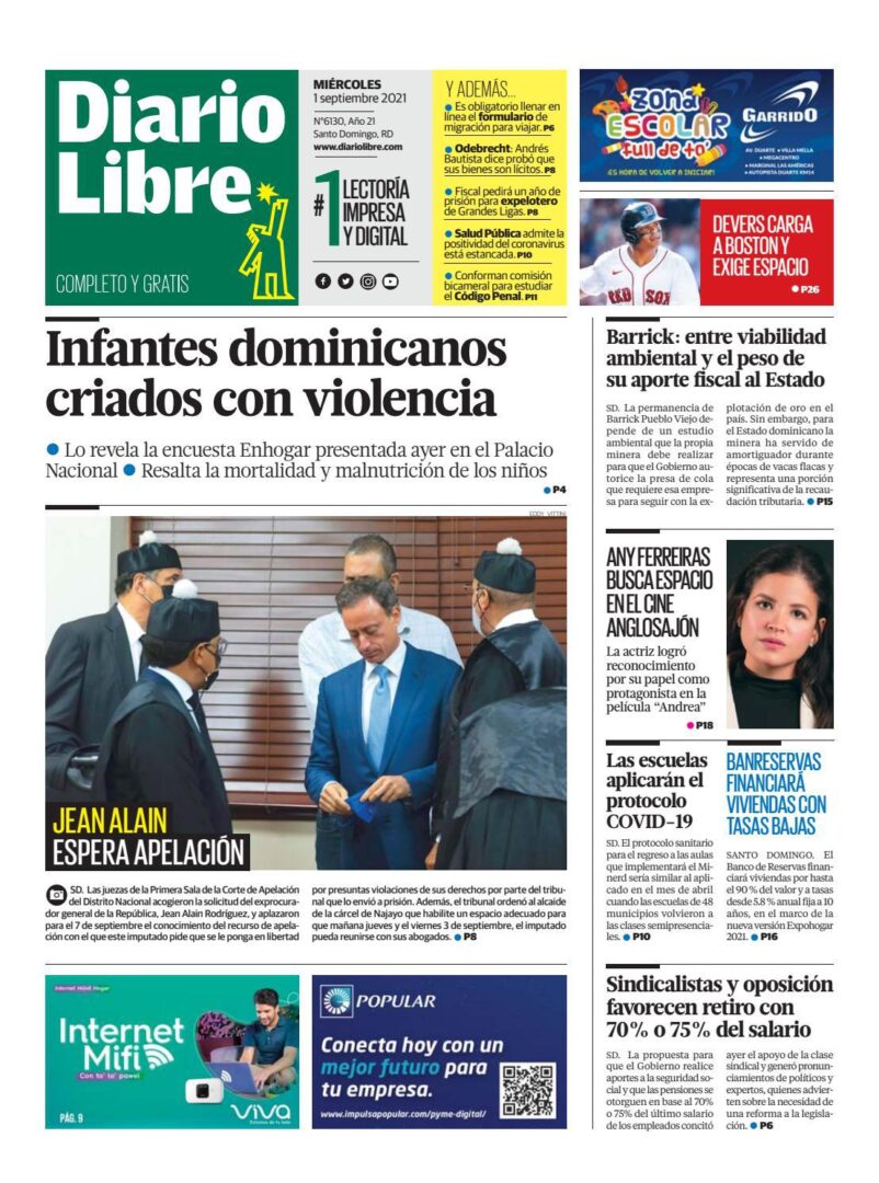 Portada Periódico Diario Libre, Miércoles 01 Septiembre, 2021