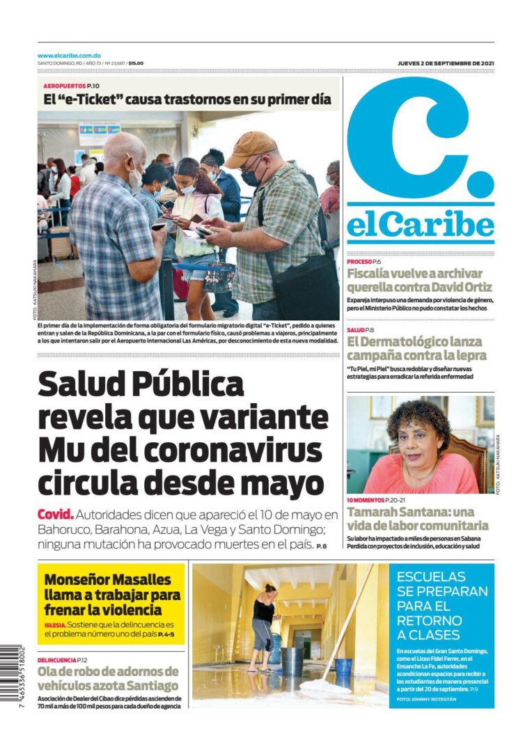 Portada Periódico El Caribe, Jueves 02 Septiembre, 2021