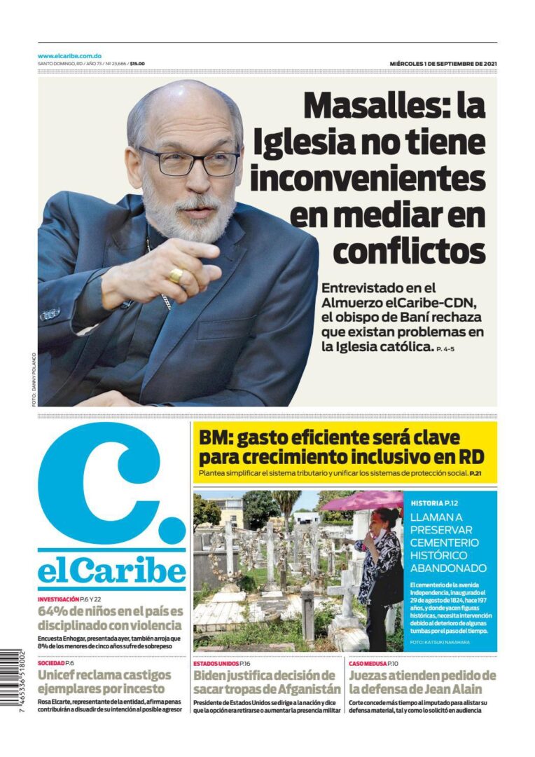 Portada Periódico El Caribe, Miércoles 01 Septiembre, 2021