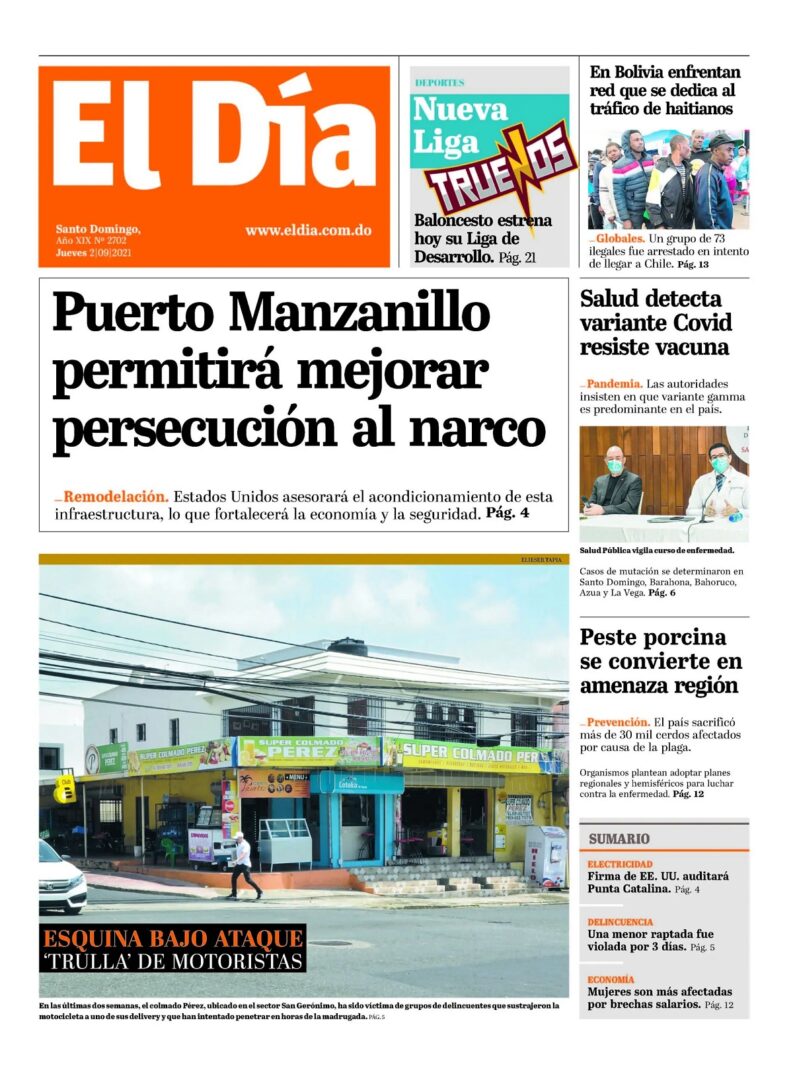 Portada Periódico El Día, Jueves 02 Septiembre, 2021