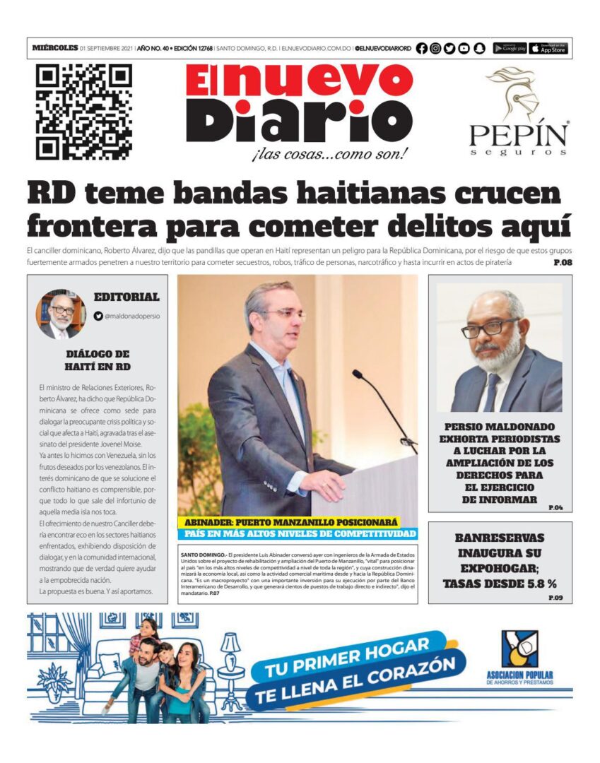 Portada Periódico El Nuevo Diario, Miércoles 01 Septiembre, 2021