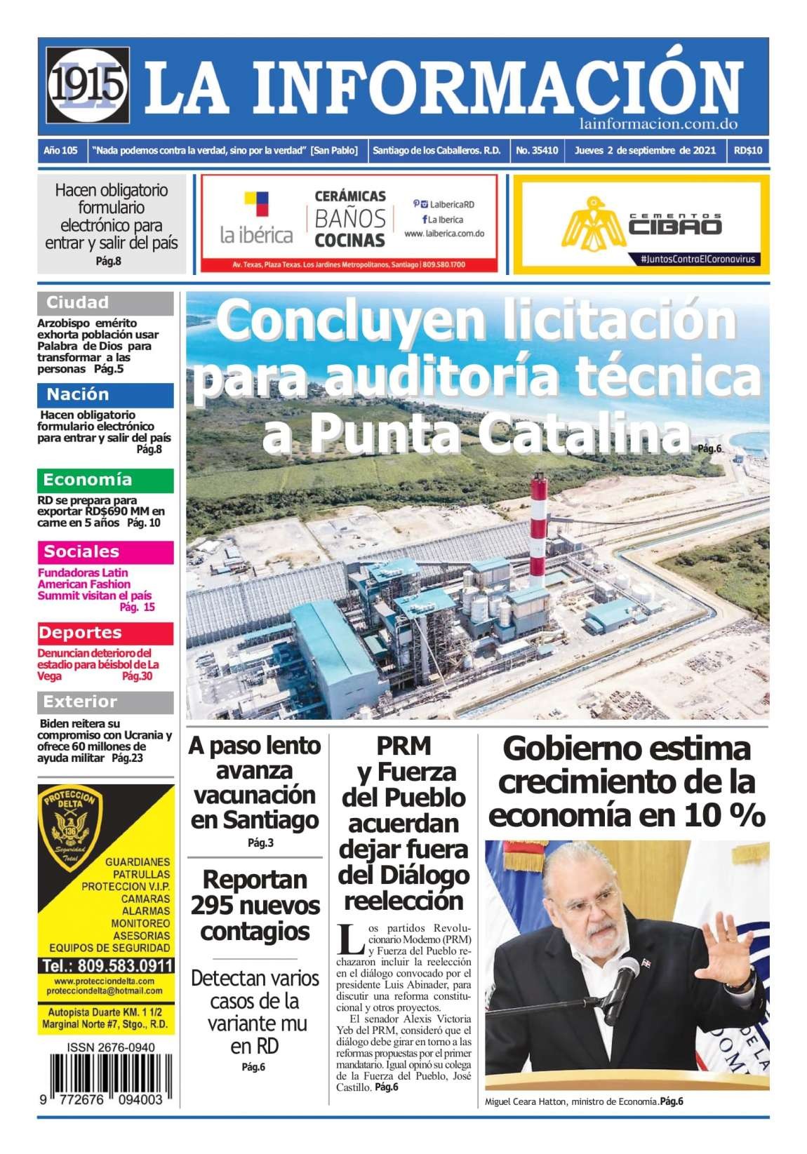 Portada Periódico La Información, Jueves 02 Septiembre, 2021
