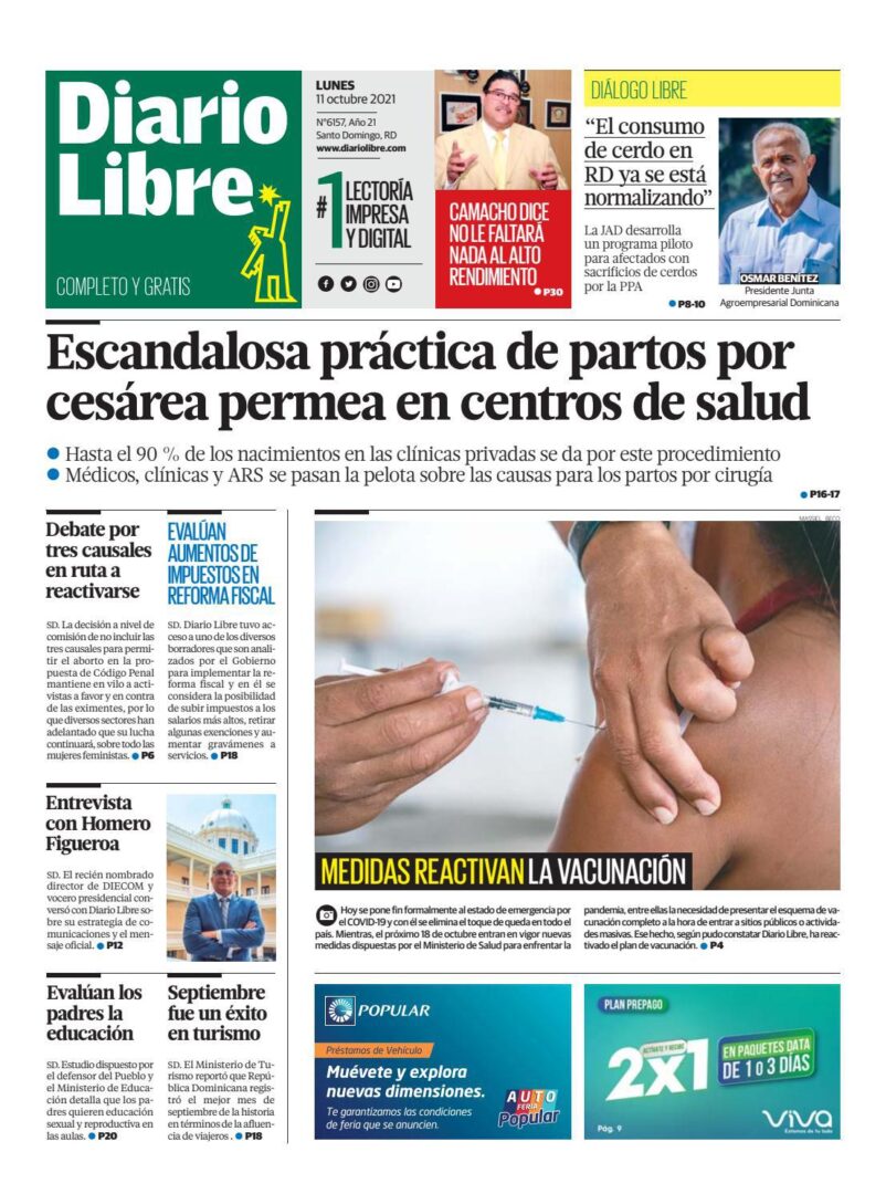 Portada Periódico Diario Libre, Lunes 11 Octubre, 2021