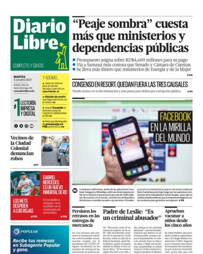 Portada Periódico Diario Libre, Martes 05 Octubre, 2021