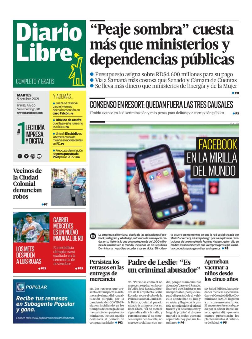 Portada Periódico Diario Libre, Martes 05 Octubre, 2021