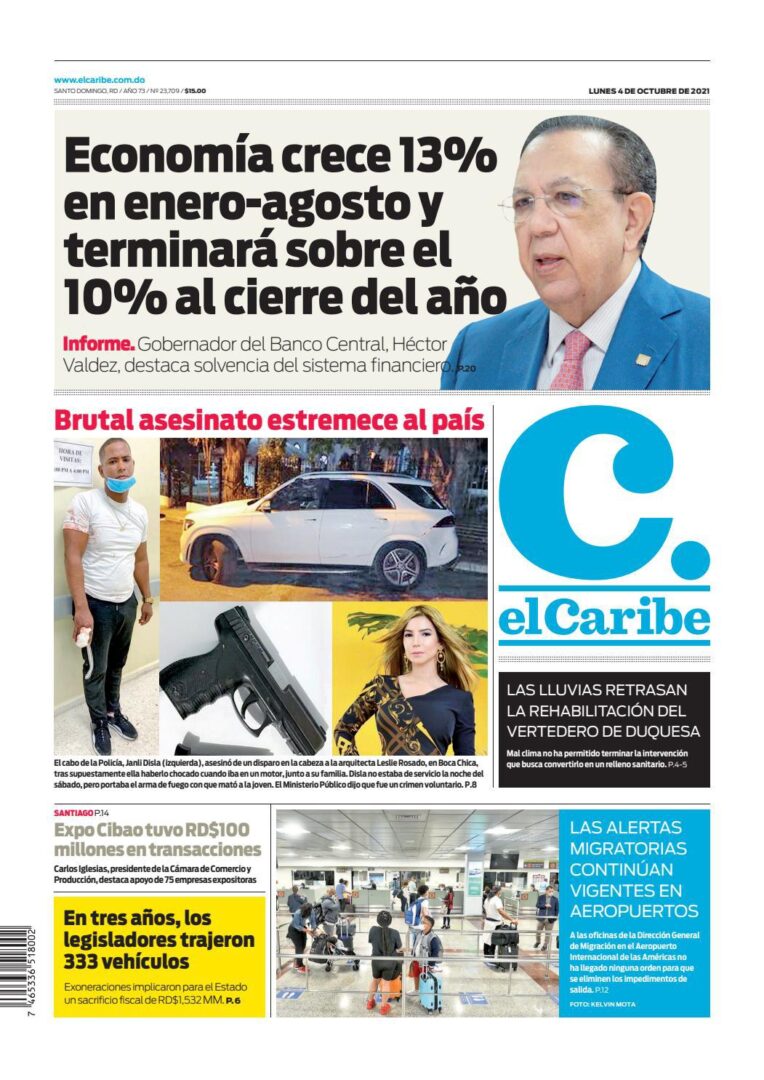 Portada Periódico El Caribe, Lunes 04 Octubre, 2021