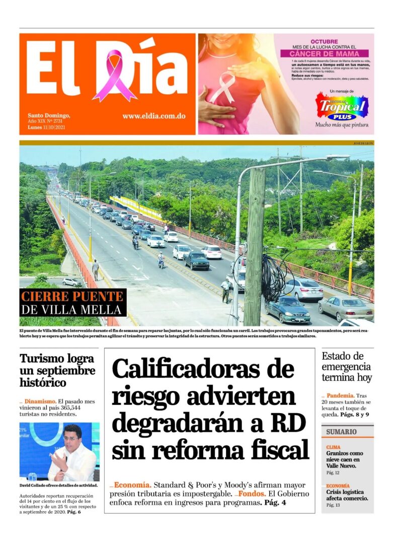 Portada Periódico El Día, Lunes 11 Octubre, 2021