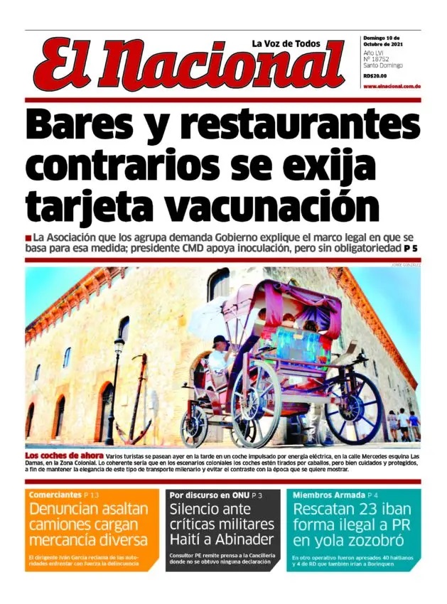 Portada Periódico El Nacional, Domingo 10 Octubre, 2021