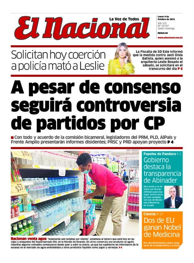 Portada Periódico El Nacional, Lunes 04 Octubre, 2021
