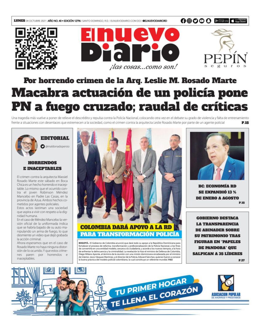 Portada Periódico El Nuevo Diario, Lunes 04 Octubre, 2021