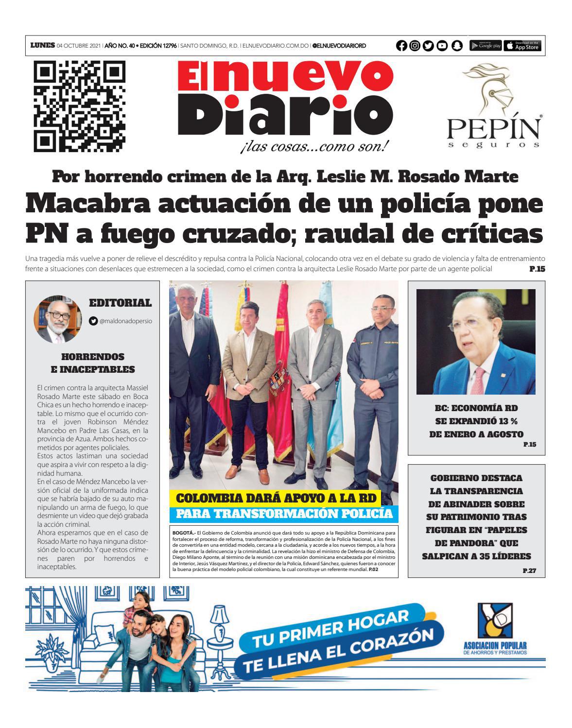 Portada Periódico El Nuevo Diario, Lunes 04 Octubre, 2021