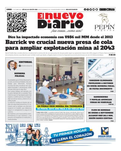 Portada Periódico El Nuevo Diario, Lunes 11 Octubre, 2021