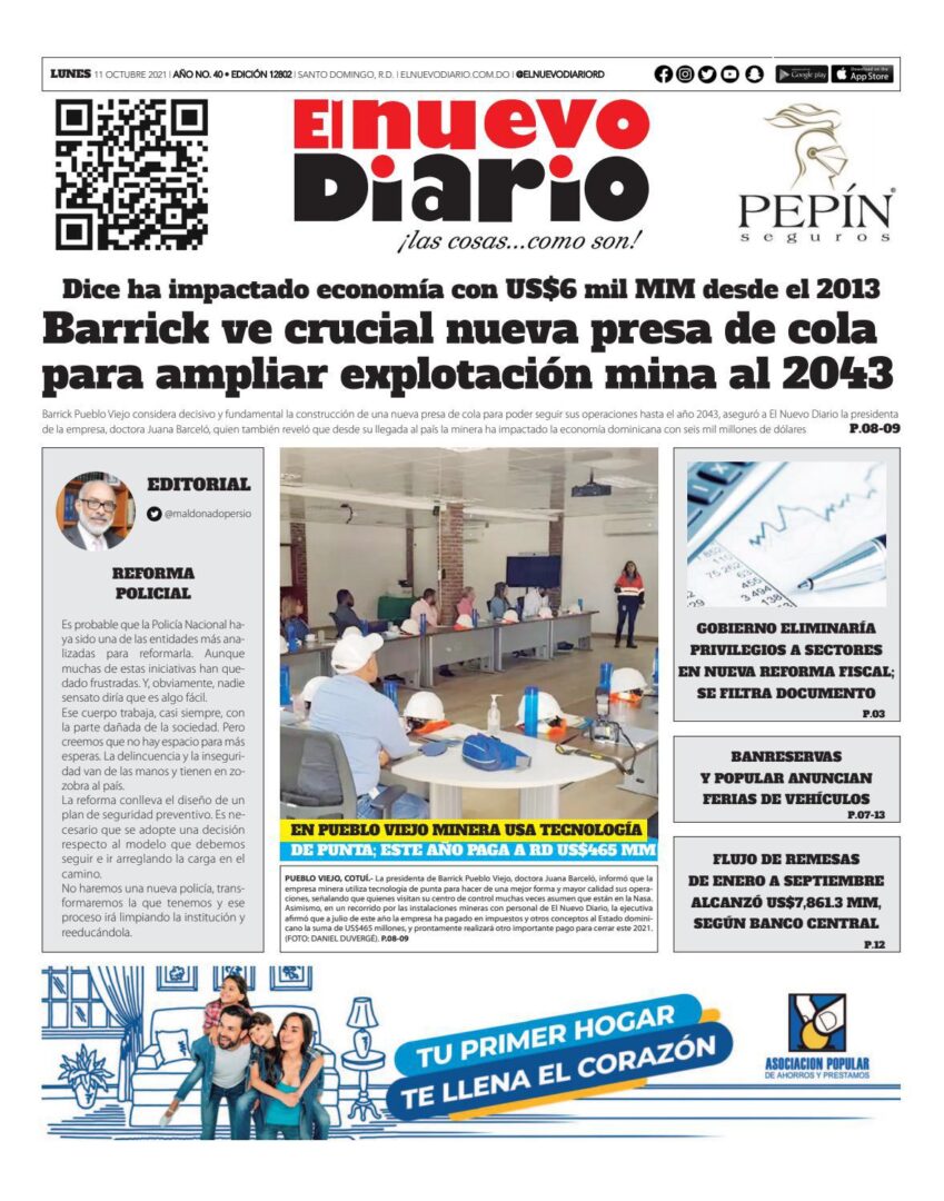 Portada Periódico El Nuevo Diario, Lunes 11 Octubre, 2021