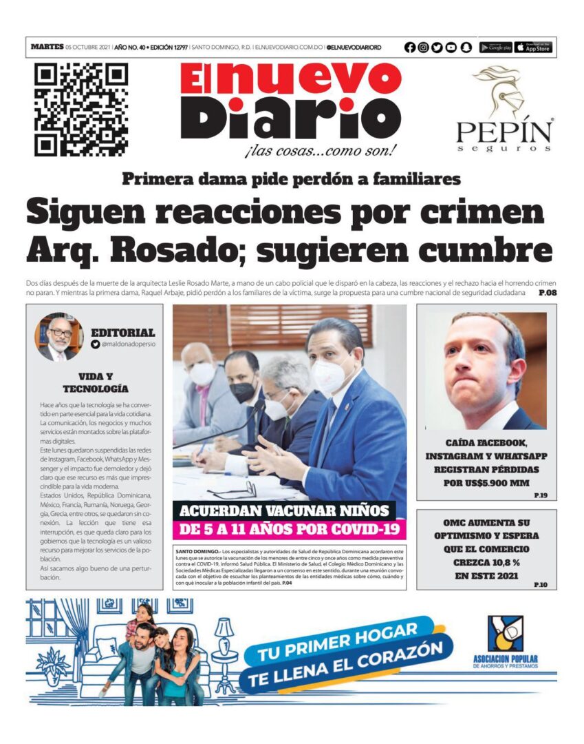 Portada Periódico El Nuevo Diario, Martes 05 Octubre, 2021