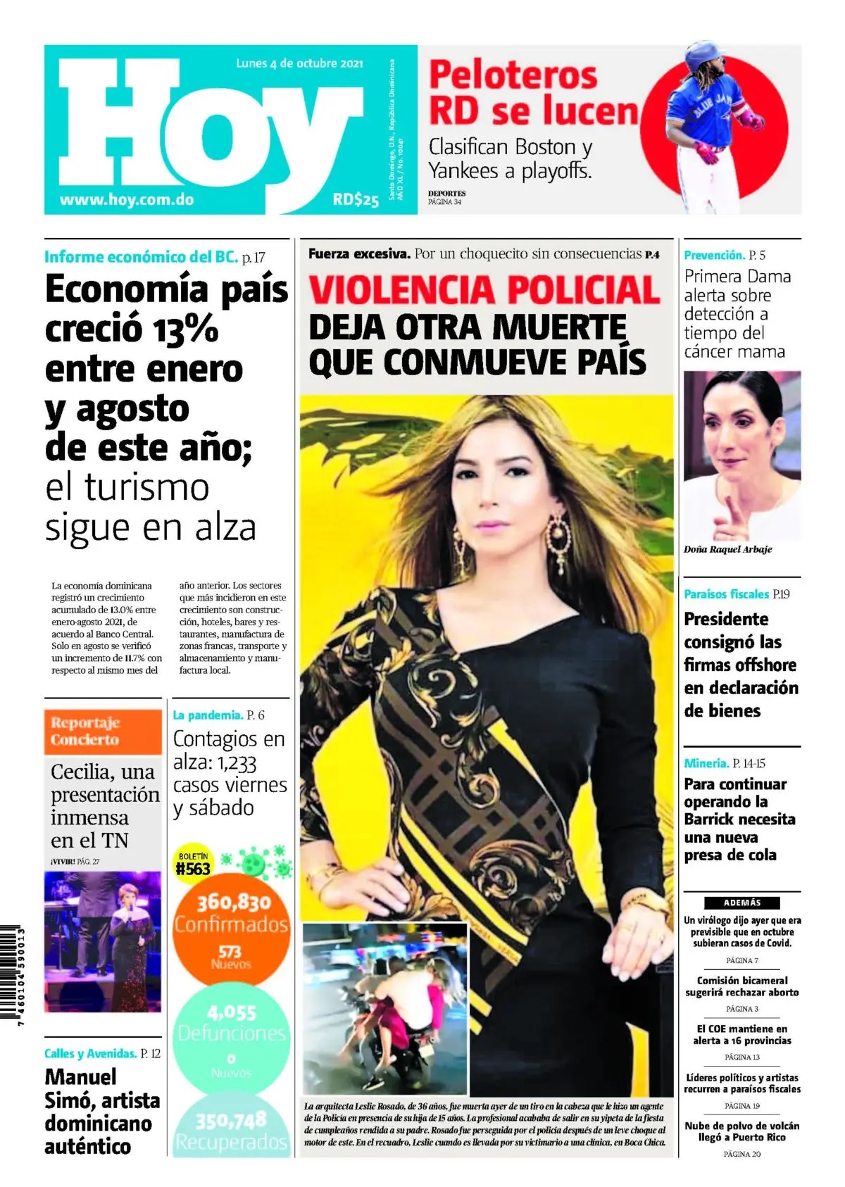 Portada Periódico Hoy, Lunes 04 Octubre, 2021