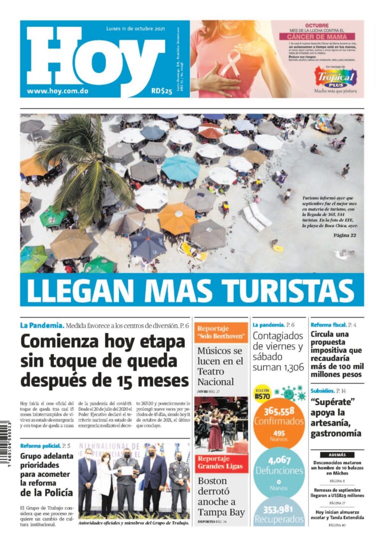 Portada Periódico Hoy, Lunes 11 Octubre, 2021