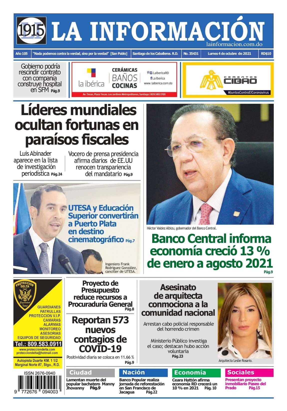 Portada Periódico La Información, Lunes 04 Octubre, 2021