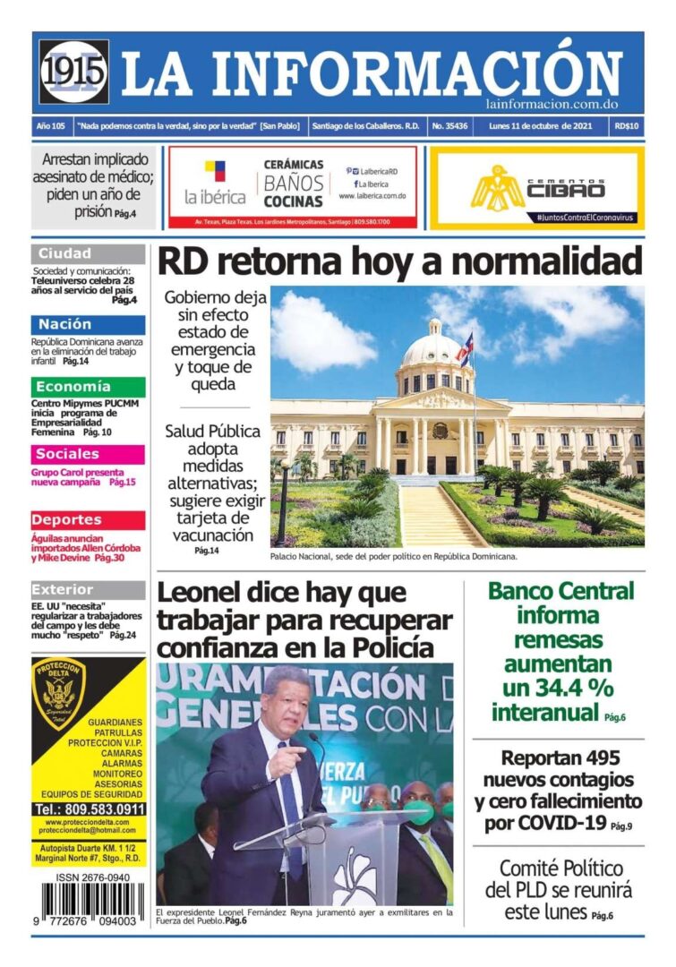 Portada Periódico La Información, Lunes 11 Octubre, 2021