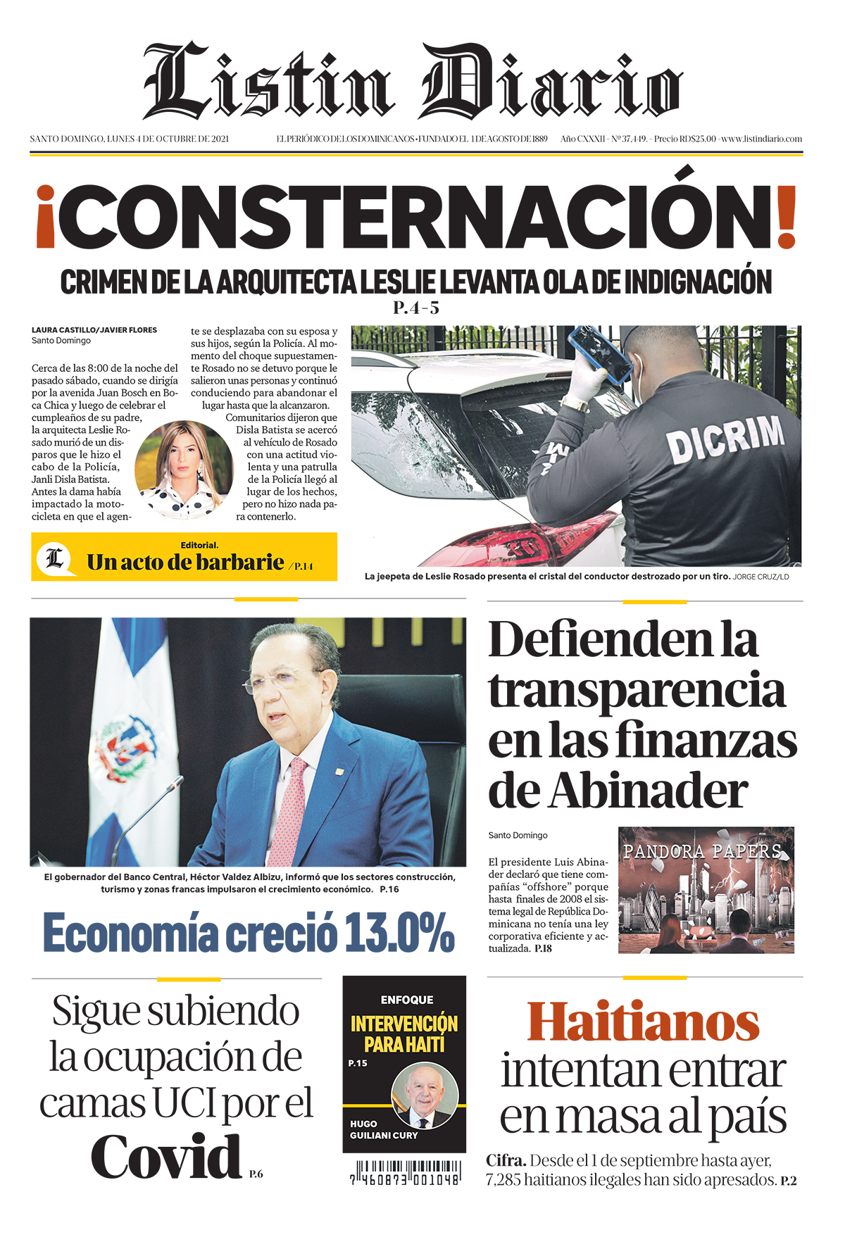 Portada Periódico Listín Diario, Lunes 04 Octubre, 2021