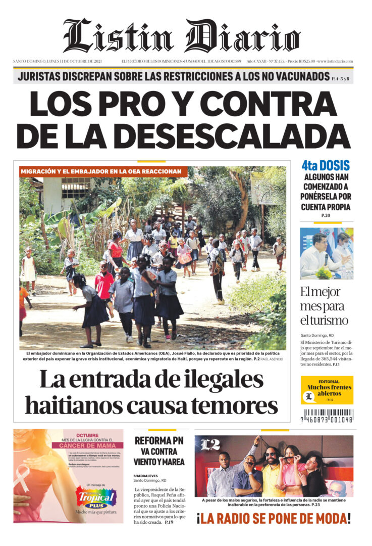 Portada Periódico Listín Diario, Lunes 11 Octubre, 2021