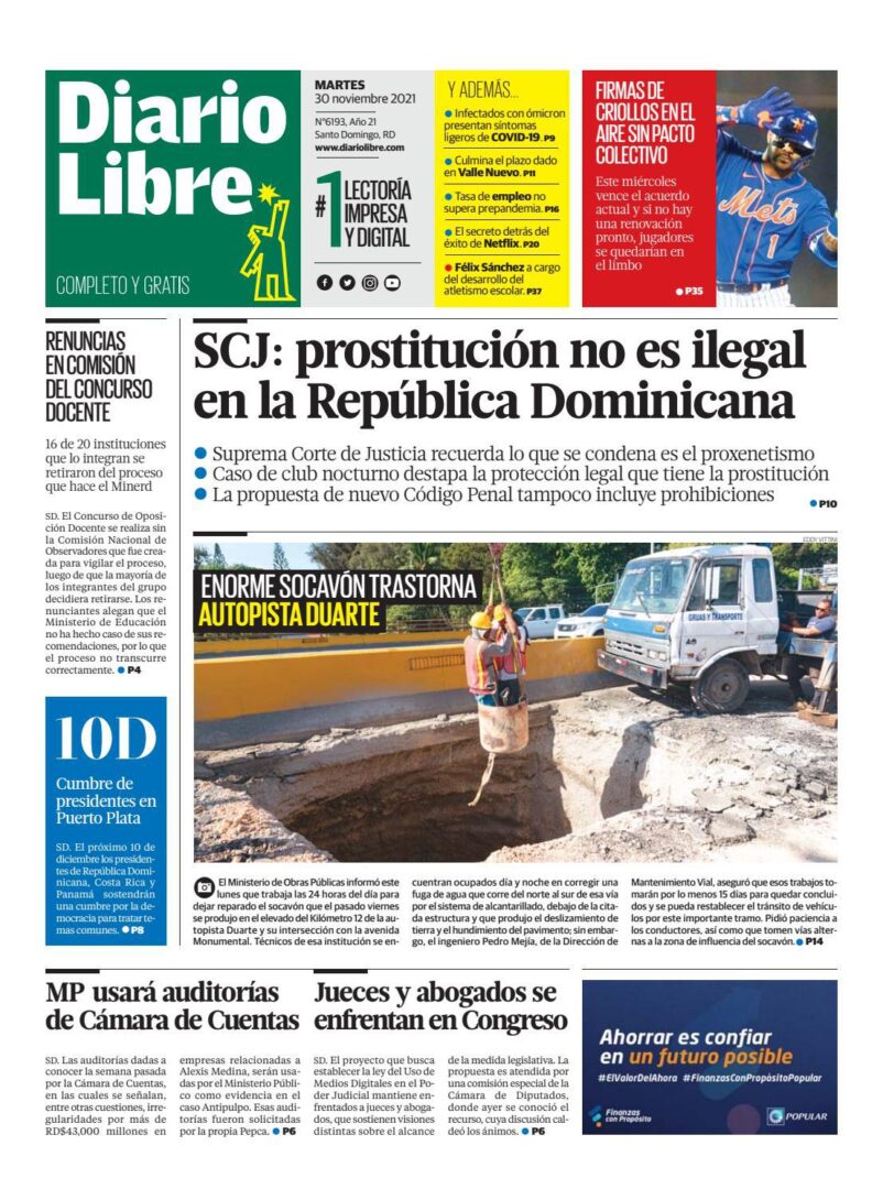 Portada Periódico Diario Libre, Martes 30 Noviembre, 2021