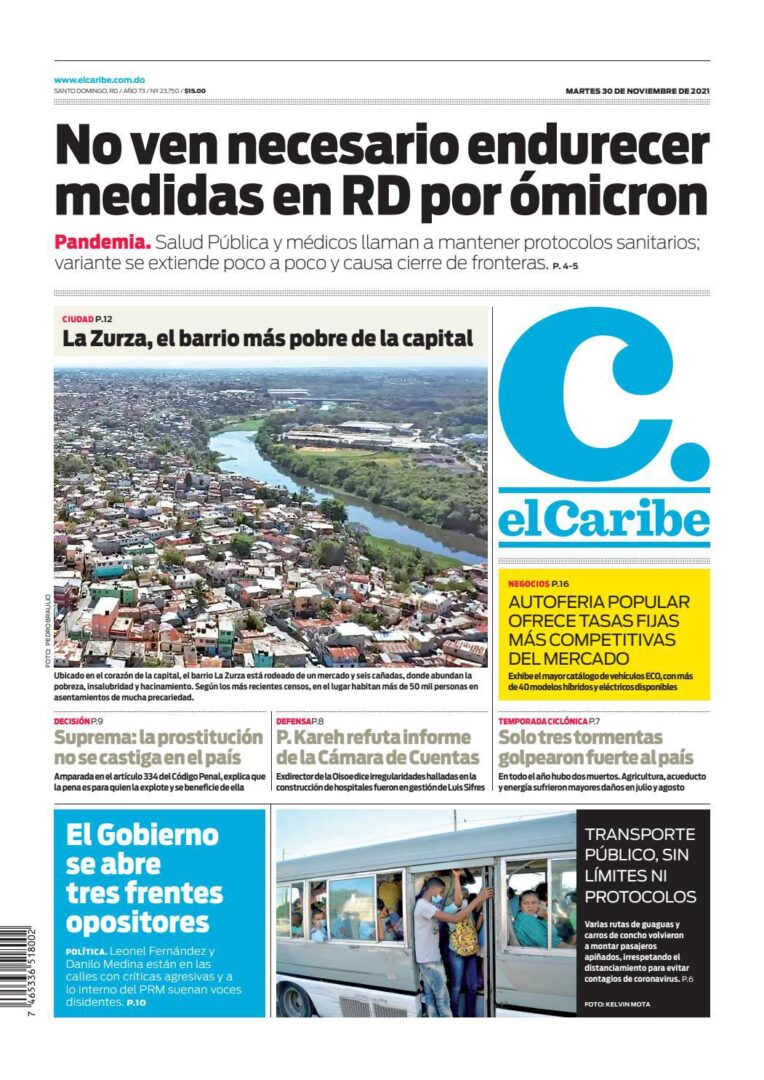 Portada Periódico El Caribe, Martes 30 Noviembre, 2021