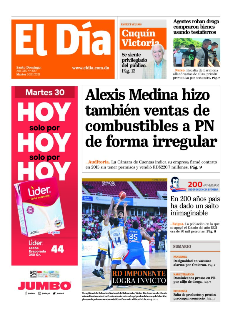 Portada Periódico El Día, Martes 30 Noviembre, 2021