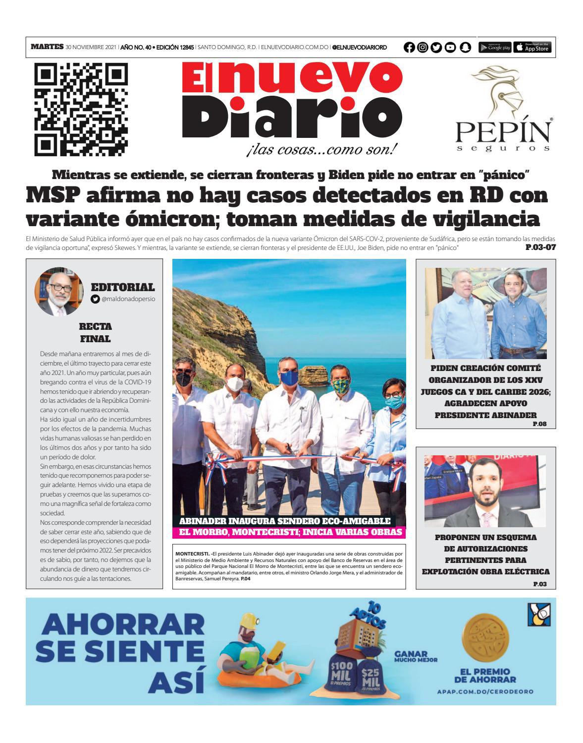 Portada Periódico El Nuevo Diario, Martes 30 Noviembre, 2021
