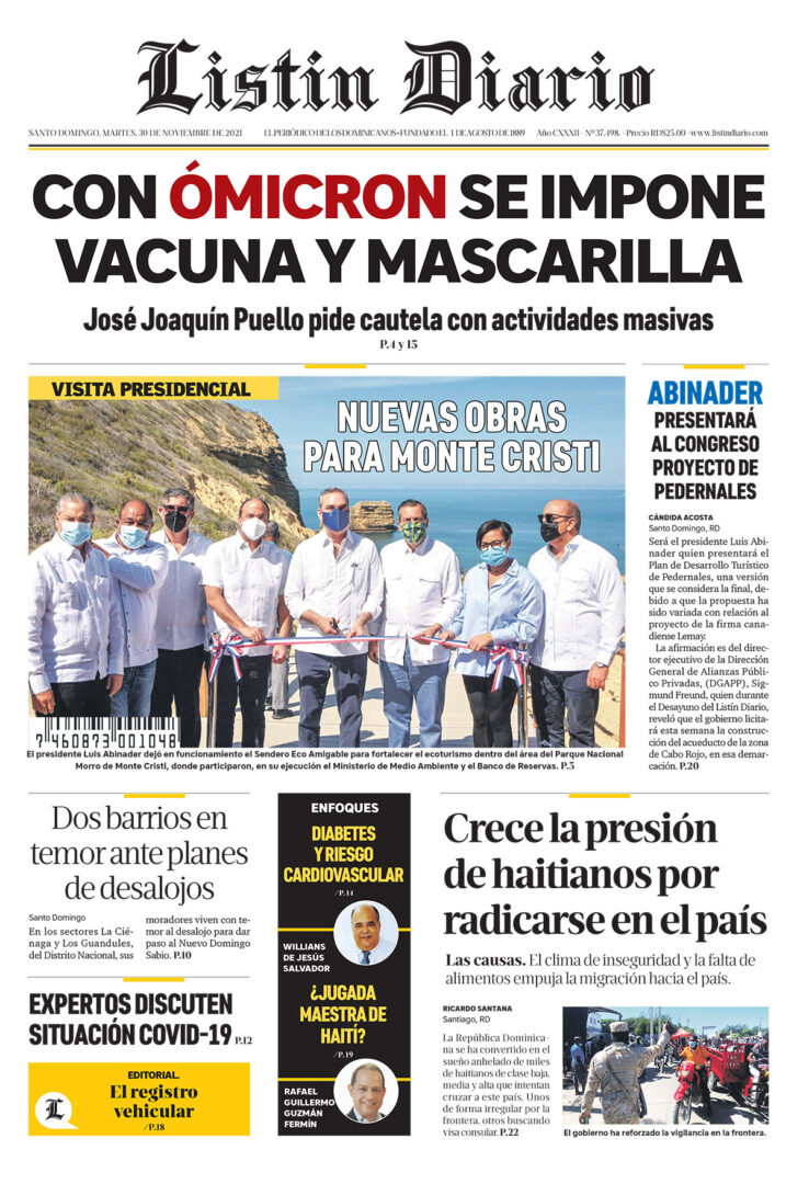 Portada Periódico Listín Diario, Martes 30 Noviembre, 2021