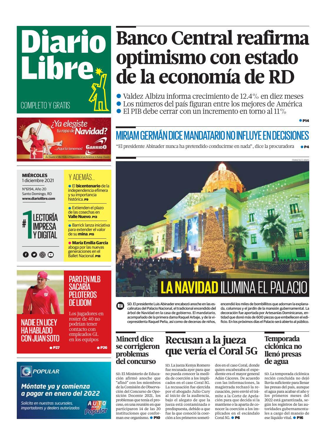 Portada Periódico Diario Libre, Martes 01 Diciembre, 2021