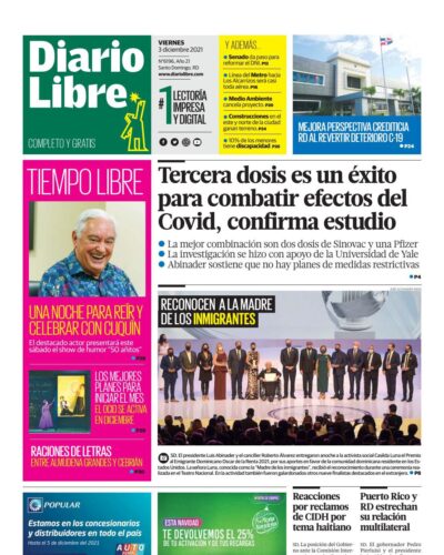 Portada Periódico Diario Libre, Viernes 03 Diciembre, 2021
