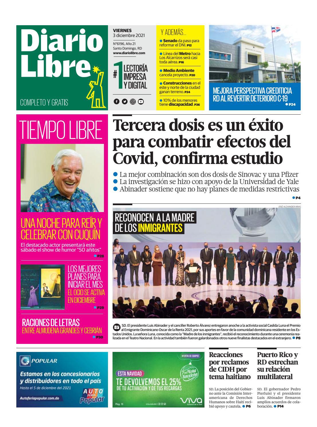 Portada Periódico Diario Libre, Viernes 03 Diciembre, 2021