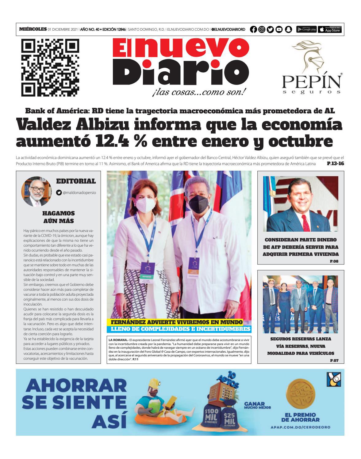 Portada Periódico El Nuevo Diario, Martes 01 Diciembre, 2021
