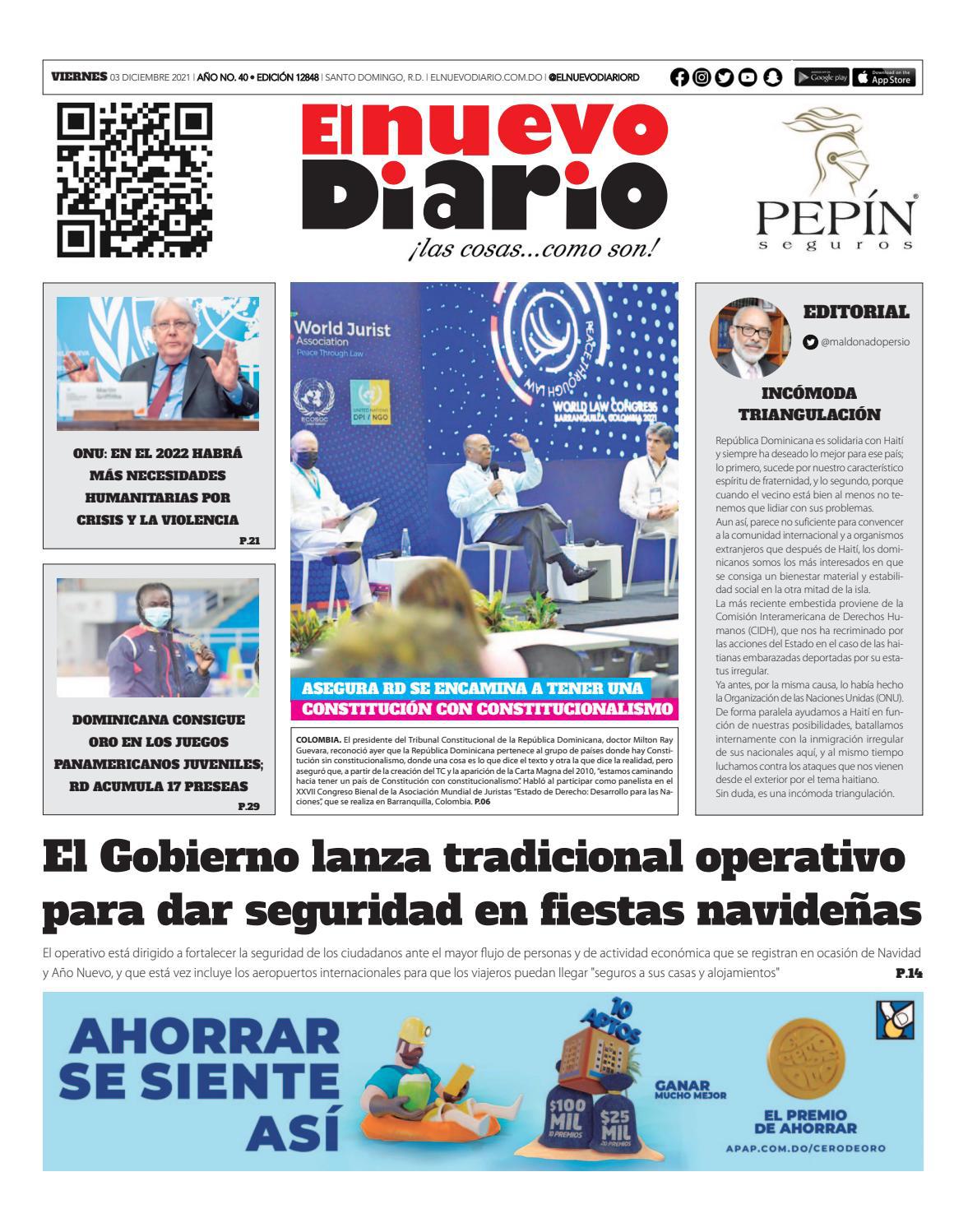 Portada Periódico El Nuevo Diario, Viernes 03 Diciembre, 2021