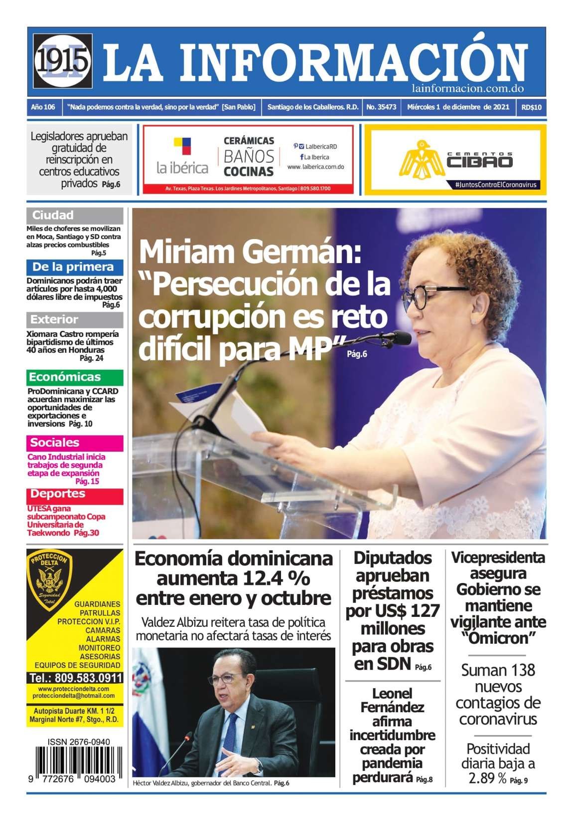 Portada Periódico La Información, Martes 01 Diciembre, 2021