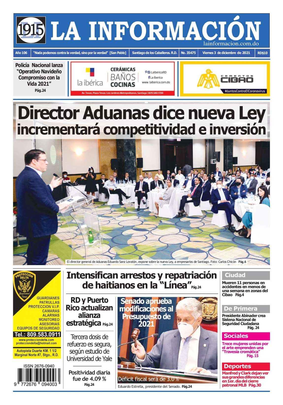 Portada Periódico La Información, Viernes 03 Diciembre, 2021