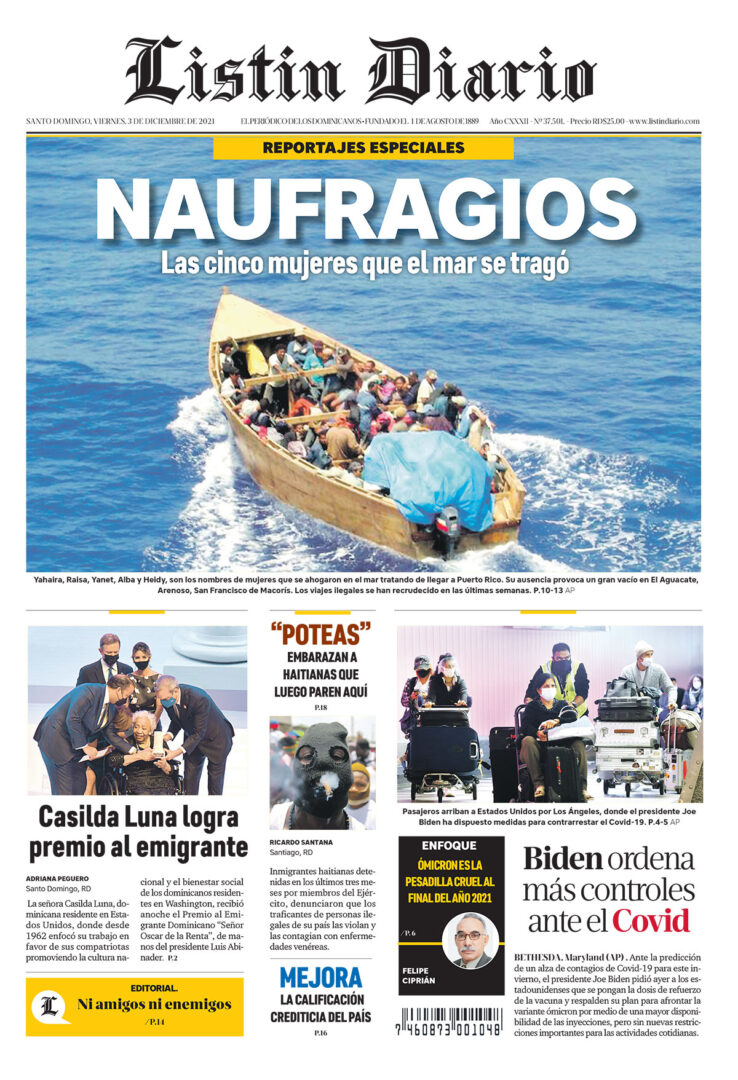 Portada Periódico Listín Diario, Viernes 03 Diciembre, 2021
